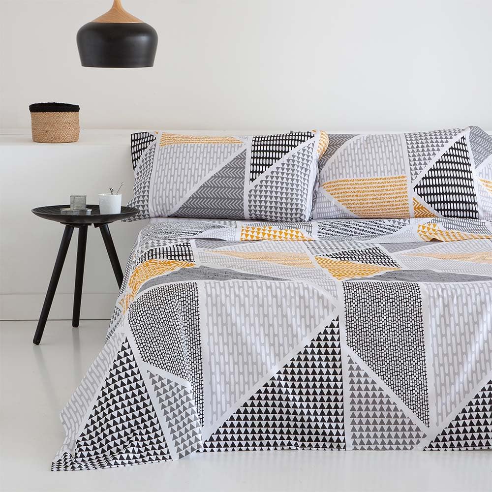 COTTON ARTean Geka Bettwäsche-Set, 180 x 190/200, 50 % Baumwolle, 50 % Polyester, Grau und Senf Cama