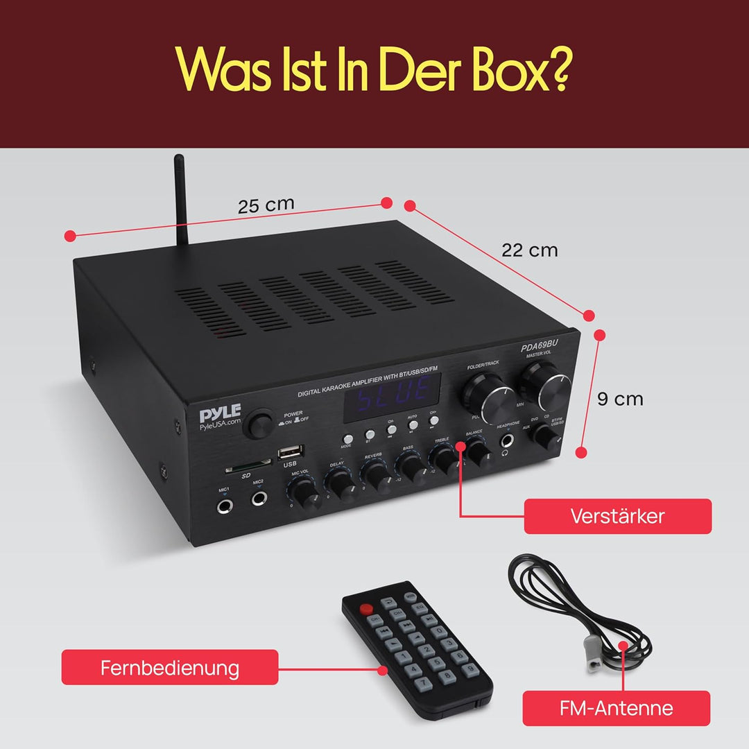 Pyle HiFi- Verstärker, 200W – 2.0 Kanal Audio Receiver mit USB/SD/FM und Mikrofon Eingang, Kabellose