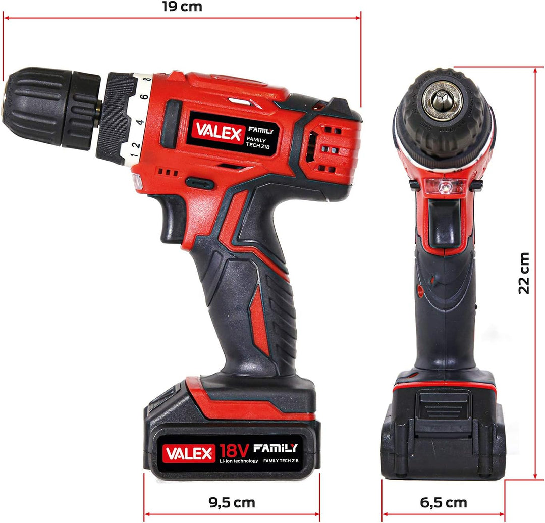 Valex 1429387 Akku-Bohrschrauber 18 V FAMILY-TECH 218 im Koffer, 0-650 U/min, 2 Batterien enthalten,