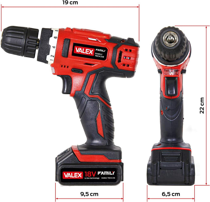 Valex 1429387 Akku-Bohrschrauber 18 V FAMILY-TECH 218 im Koffer, 0-650 U/min, 2 Batterien enthalten,