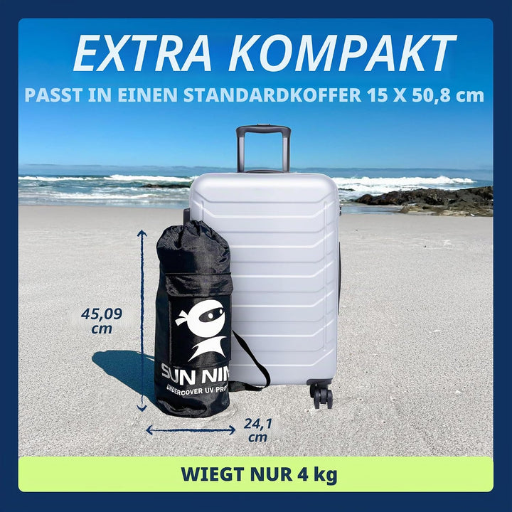 SUN NINJA Pop Up Strandzelt Sonnenschutz UPF50+ mit Sandschaufel, Erdnägeln und Stabilitätsstangen,