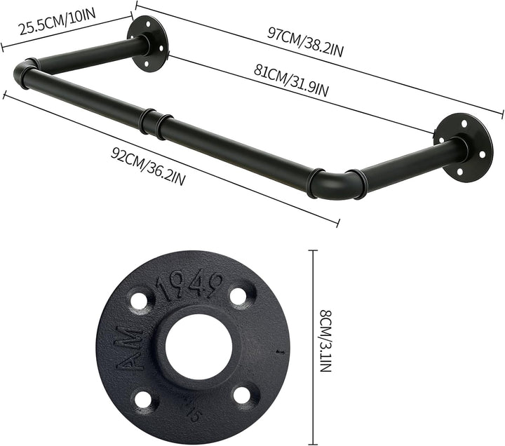 Kleiderstangen für die Wand 2er Set, 92 cm Industrieller Rohr Kleiderständer zur Wandmontage, Platzs
