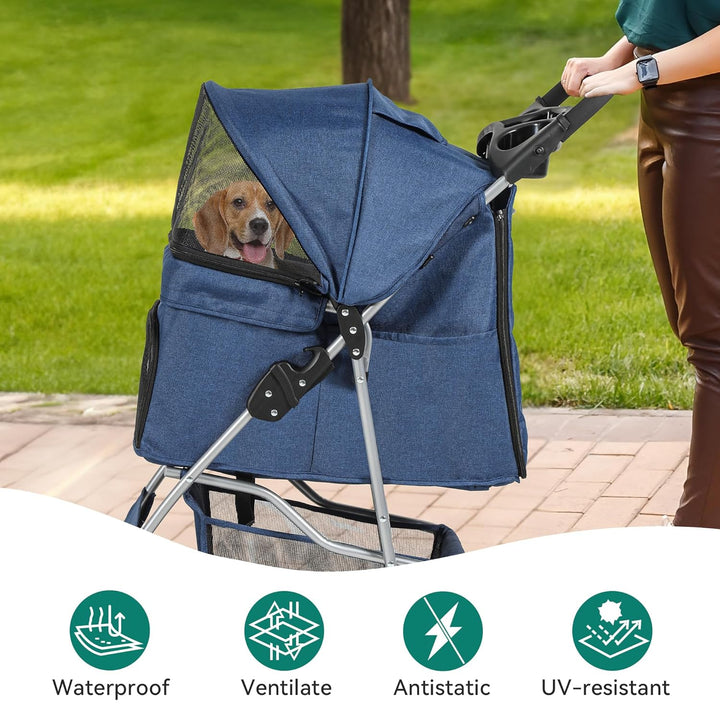 YITAHOME Hundewagen Haustiere Buggy bis 15kg, Hundebuggy mit Netzfenstern & Getränkehalter & Ablagek