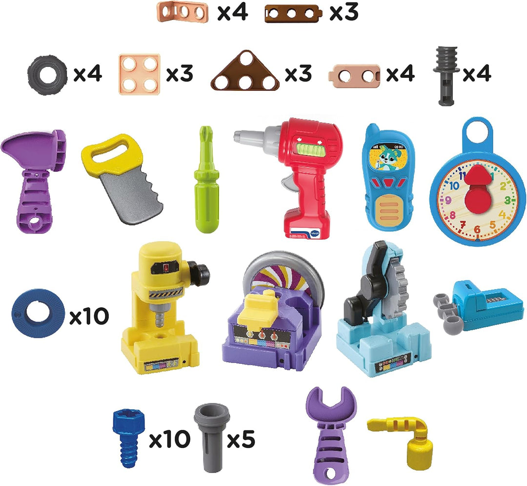 VTech Meine interaktive Werkbank – Mit 60 Zubehörteilen und realistischen Soundeffekten, Lichteffekt