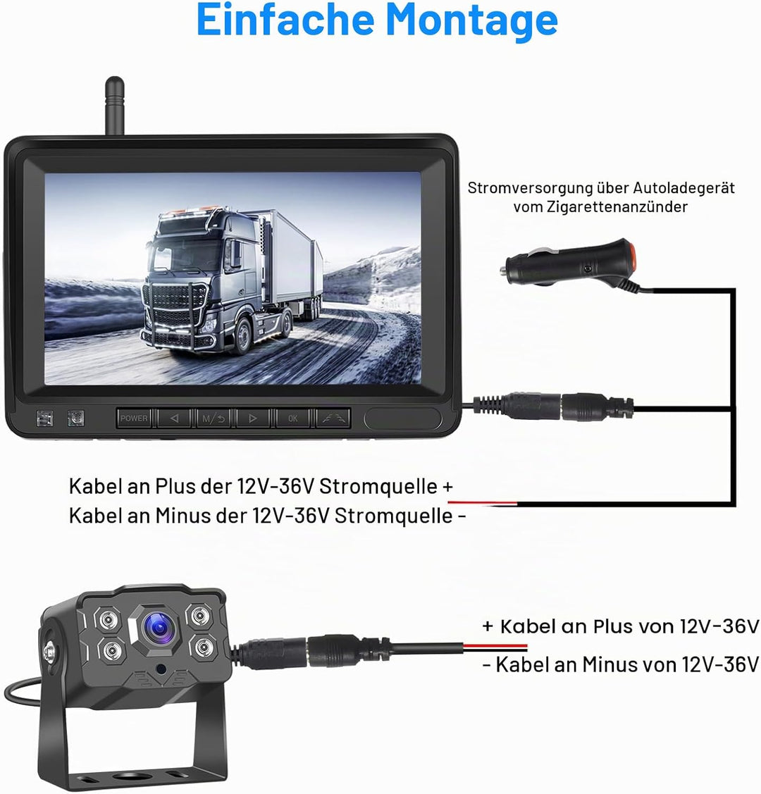 Hikity Stabile Digital Wireless Rückfahrkamera Funk Set mit 7 Zoll IPS Monitor AHD 1080P Rückfahrkam