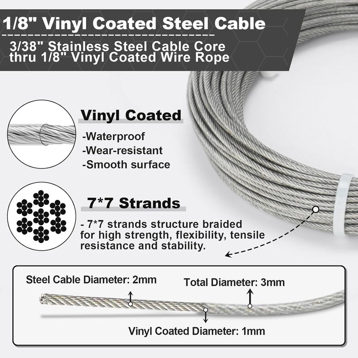TooTaci Drahtseil 3mm Edelstahl, 20M Edelstahl Stahlseil Ummantelt aus PVC, Stahlseil mit ösen, M3 D