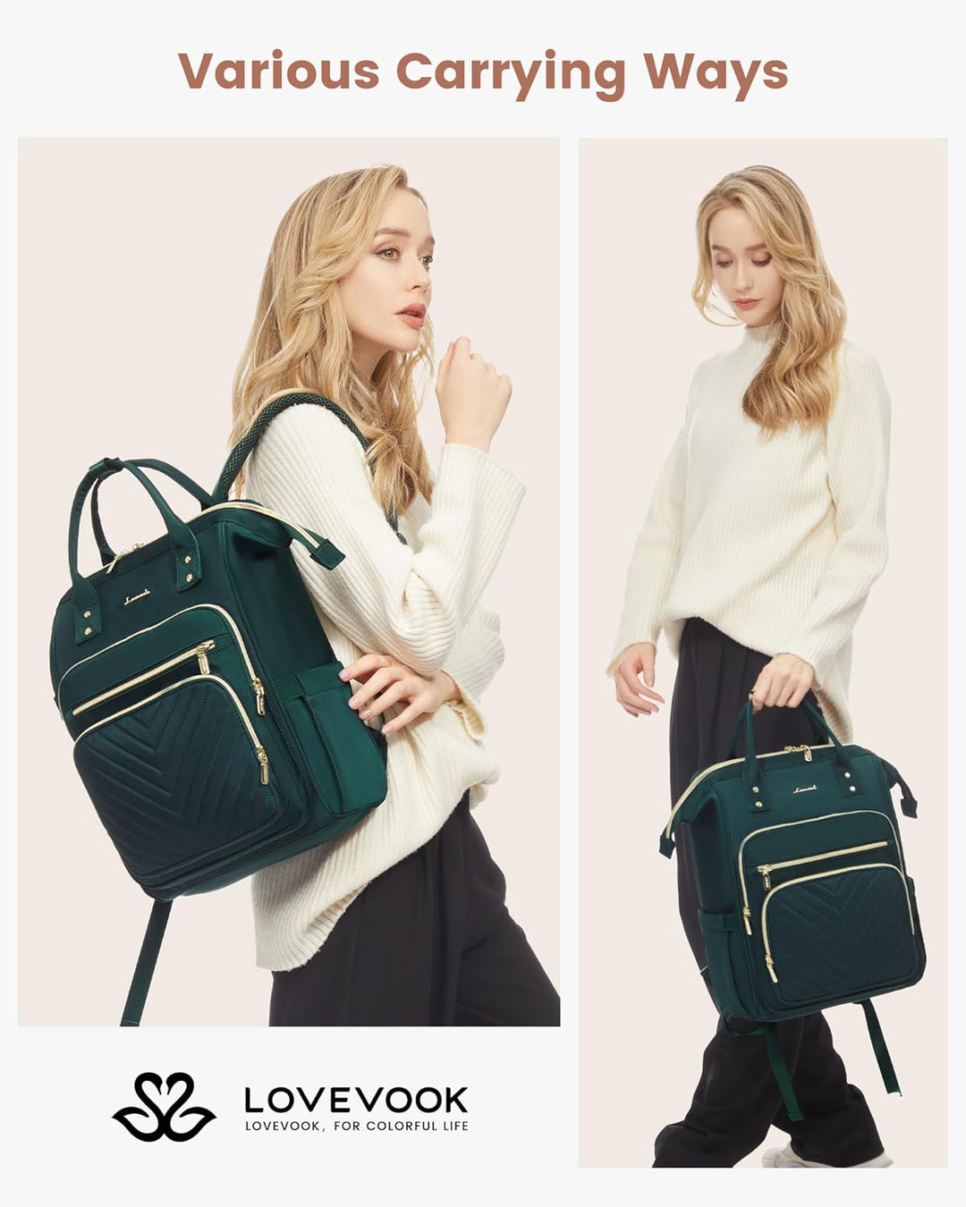LOVEVOOK Rucksack Damen, 15,6 Zoll Laptop Schulrucksack Teenager Mädchen Wasserdicht, Elegant Reiser