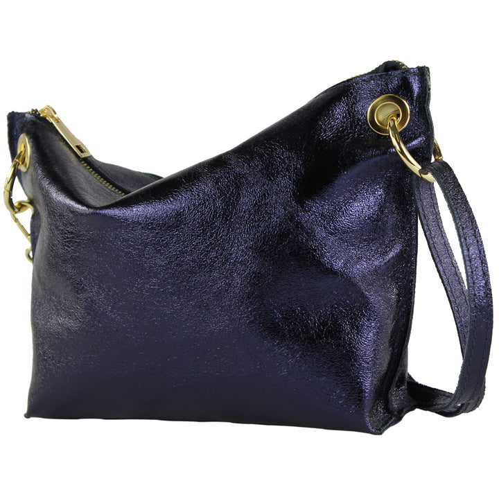 modamoda de T243 Damen Leder Umhängetasche Schultertasche handmade in Italy Blauviolett-metallic, Bl
