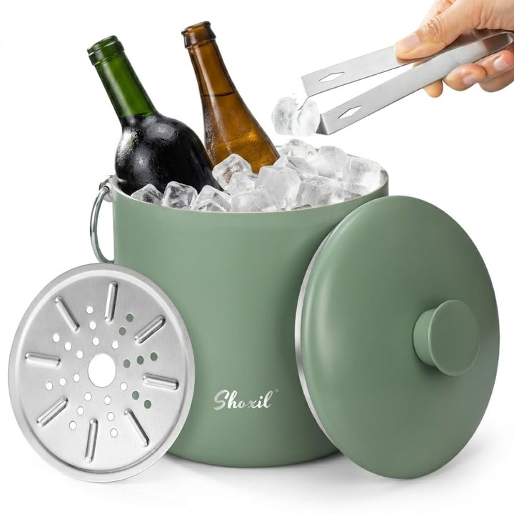 Eiskübel - 3L grosser Eiskübel für Partys & Cocktailbar, Edelstahl Eiskühler mit Deckel & Zange, Ret