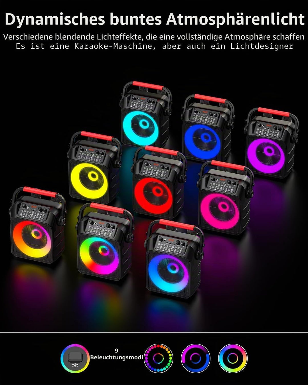 Karaoke Maschine mit 2 Mikrofonen, tragbarer Bluetooth Karaoke Anlage mit LED Lichtern,eignet Sich f
