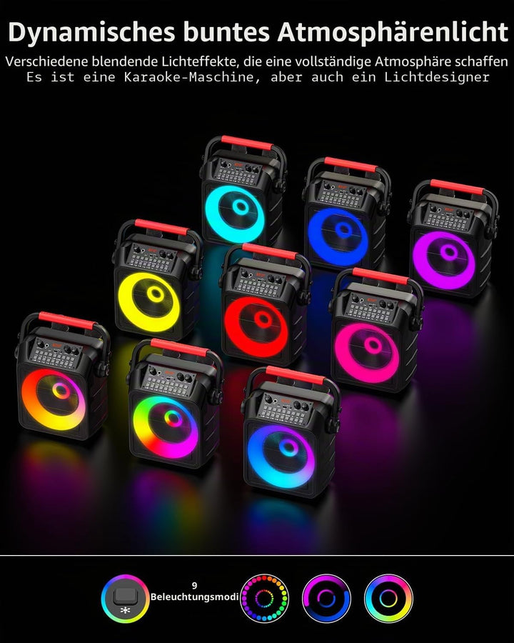 Karaoke Maschine mit 2 Mikrofonen, tragbarer Bluetooth Karaoke Anlage mit LED Lichtern,eignet Sich f