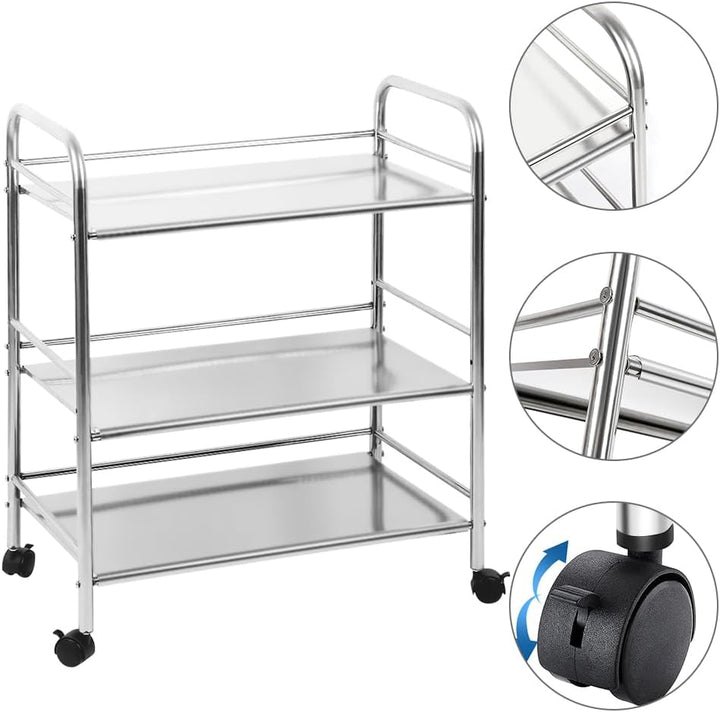 Kedia 3 Regale mit Rollen Edelstahl Küchenwagen mit Rollen Multifunktions Servierwagen (61 x 36 x 75