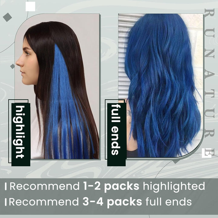 RUNATURE Blau Clip in Extensions Echthaar 35cm Clip Echthaar Extensions Bunt Blau Clip in Haarverlan