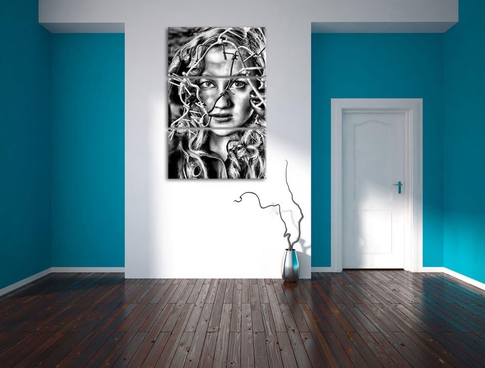 Pixxprint Monocrome, Sexy Girl Stacheldraht 3-Teiler Leinwandbild 120x80 Bild auf Leinwand