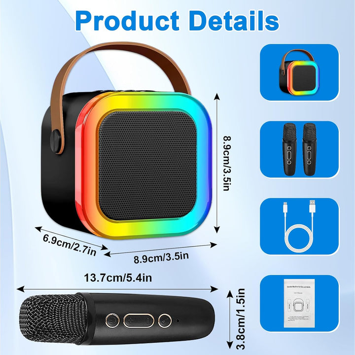 Mini Karaoke Maschine mit 2 Drahtlosen Mikrofonen, Karaoke Maschine Kinder, tragbarer Bluetooth-Laut