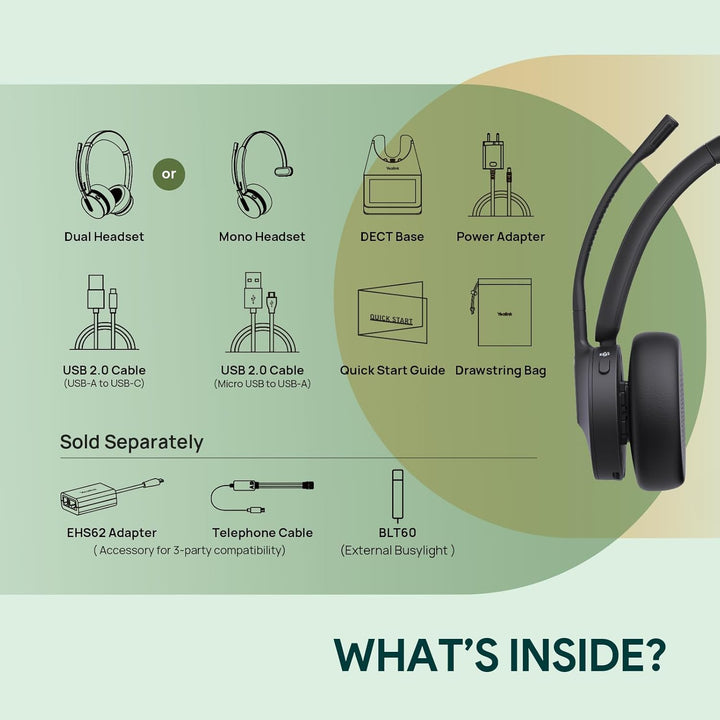 Yealink WH64 Pro DECT &amp; Bluetooth Wireless Headset, 3.5" Touchscreen, Teams,UC,Zoom Dual On Ear Head