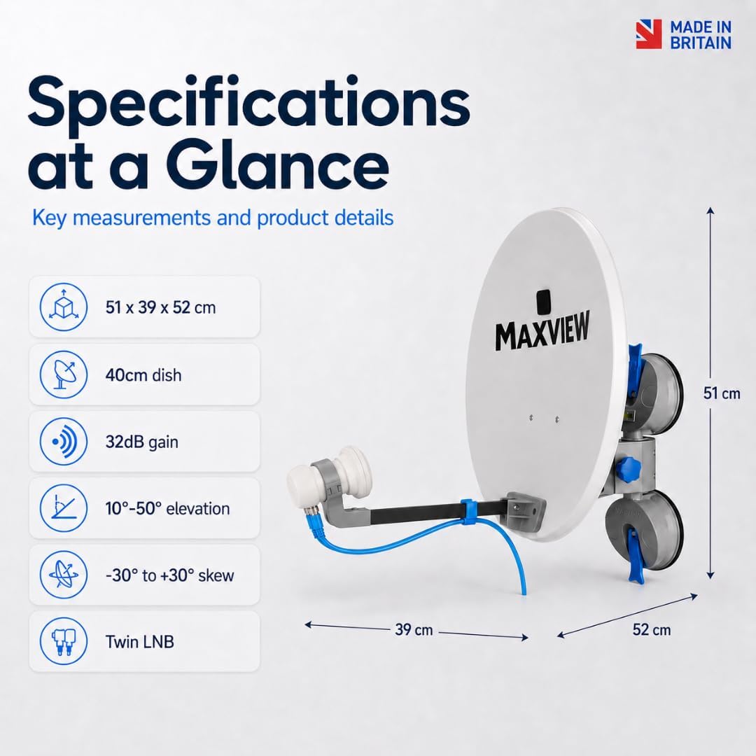 MaxView MXL026 Remora 40 Saugnapf-montiertes tragbares Satellitenfernseh-Set für Wohnwagen, Wohnmobi
