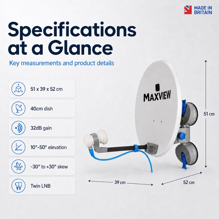MaxView MXL026 Remora 40 Saugnapf-montiertes tragbares Satellitenfernseh-Set für Wohnwagen, Wohnmobi
