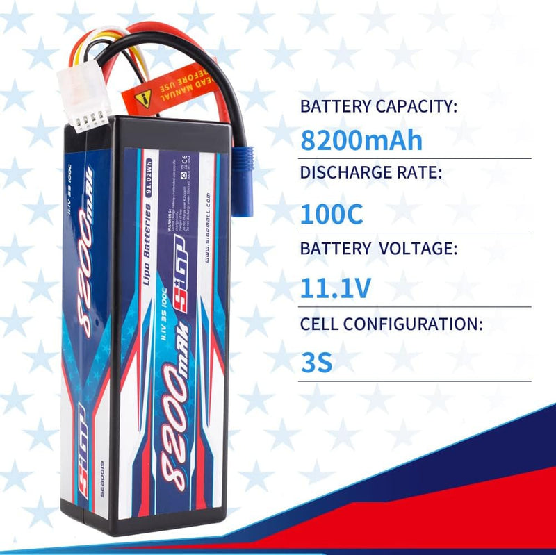 SIGP 3S 11.1V Lipo Battery 8200mAh 100C Hard Case with Deans EC5 Plug for RC Car Truck Boat Vehicles