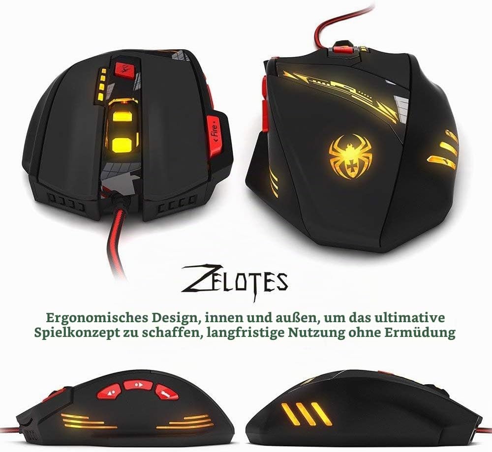 zelotes Kabelgebundene Gaming Maus mit 9200 DPI,8 programmierbarem Tasten,Verstellbarem Gewicht,RGB-