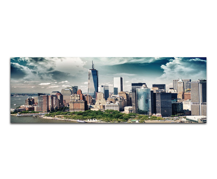 Paul Sinus Art Panoramabild auf Leinwand und Keilrahmen 120x40cm Manhattan Skyline Wolkenhimmel Sonn