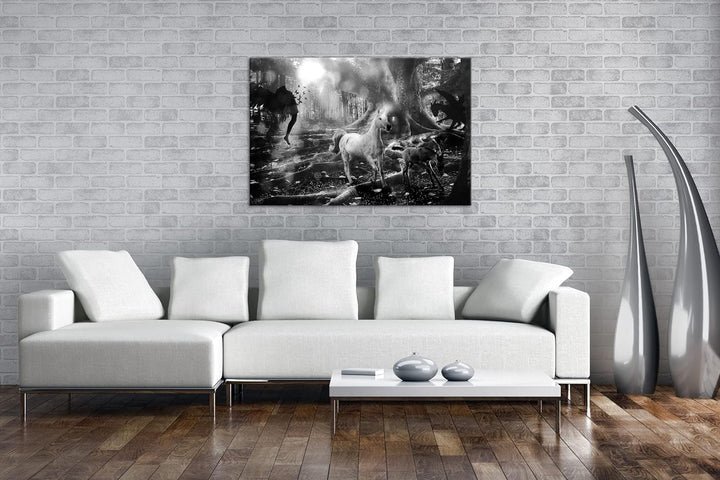 deyoli zauberhaftes Einhorn Format: 80x60 Effekt: Schwarz&Weiss als Leinwandbild, Motiv fertig gerah