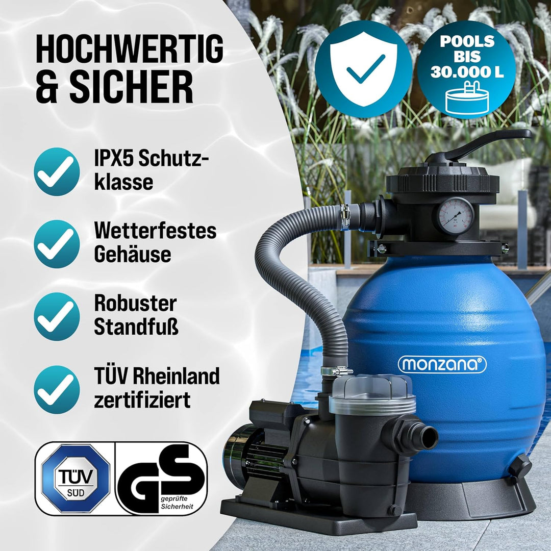 MONZANA® Sandfilteranlage SF96K 9.600L/h bis 30.000L Pool inkl Filterbällen 7 Wege Ventil 2in1 Adapt