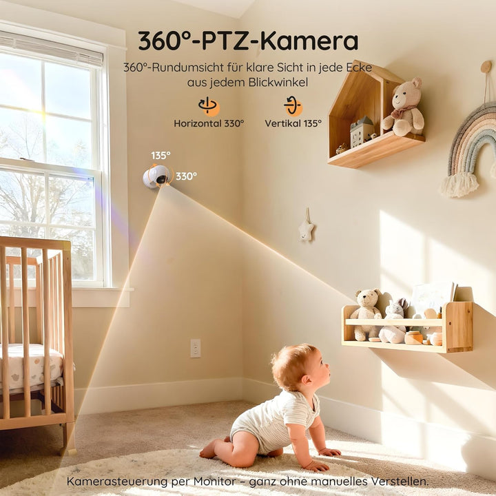 BOIFUN babyphone mit 2 kameras, 5 Zoll 720P HD IPS Bildschirm PTZ 360° View 3×Zoom VOX-Modus babyfon
