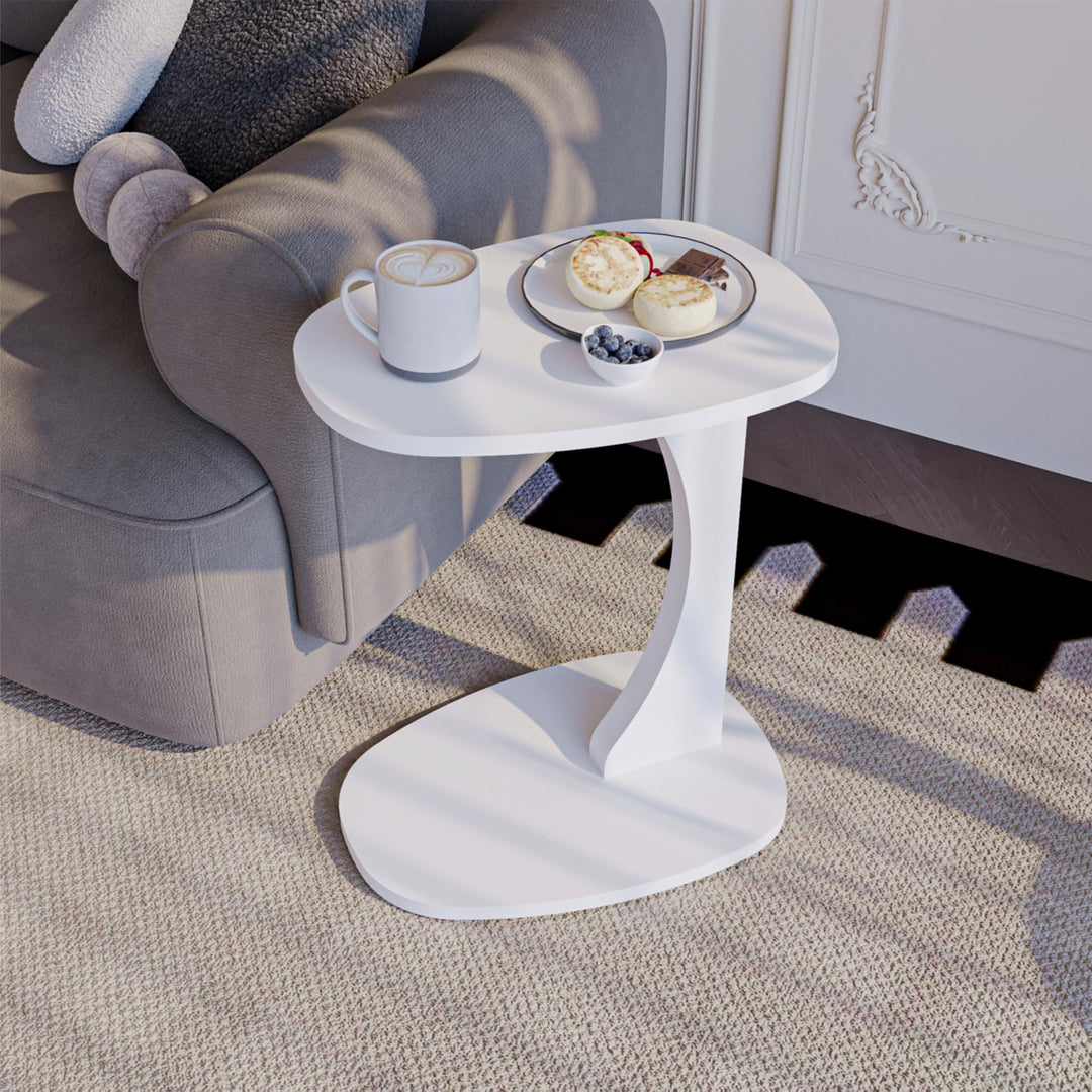 Beistelltisch Couch mit Rollen, Kleiner Beistelltisch C-Form, Sofatisch in stylischem Weiss, Kleiner