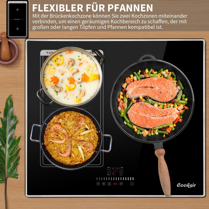 Cooksir Induktionskochfeld mit Rahmen, 60cm Einbau Kochfeld 3 Platten, 6800W, Flex Zone für Grill, K