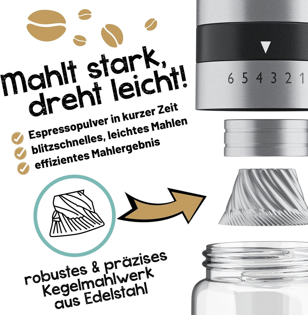 Kaffeemühle manuell aus Edelstahl 2 Glas Behälter – 6 Mahlgrade (Espresso bis Cold Brew) – Handkaffe