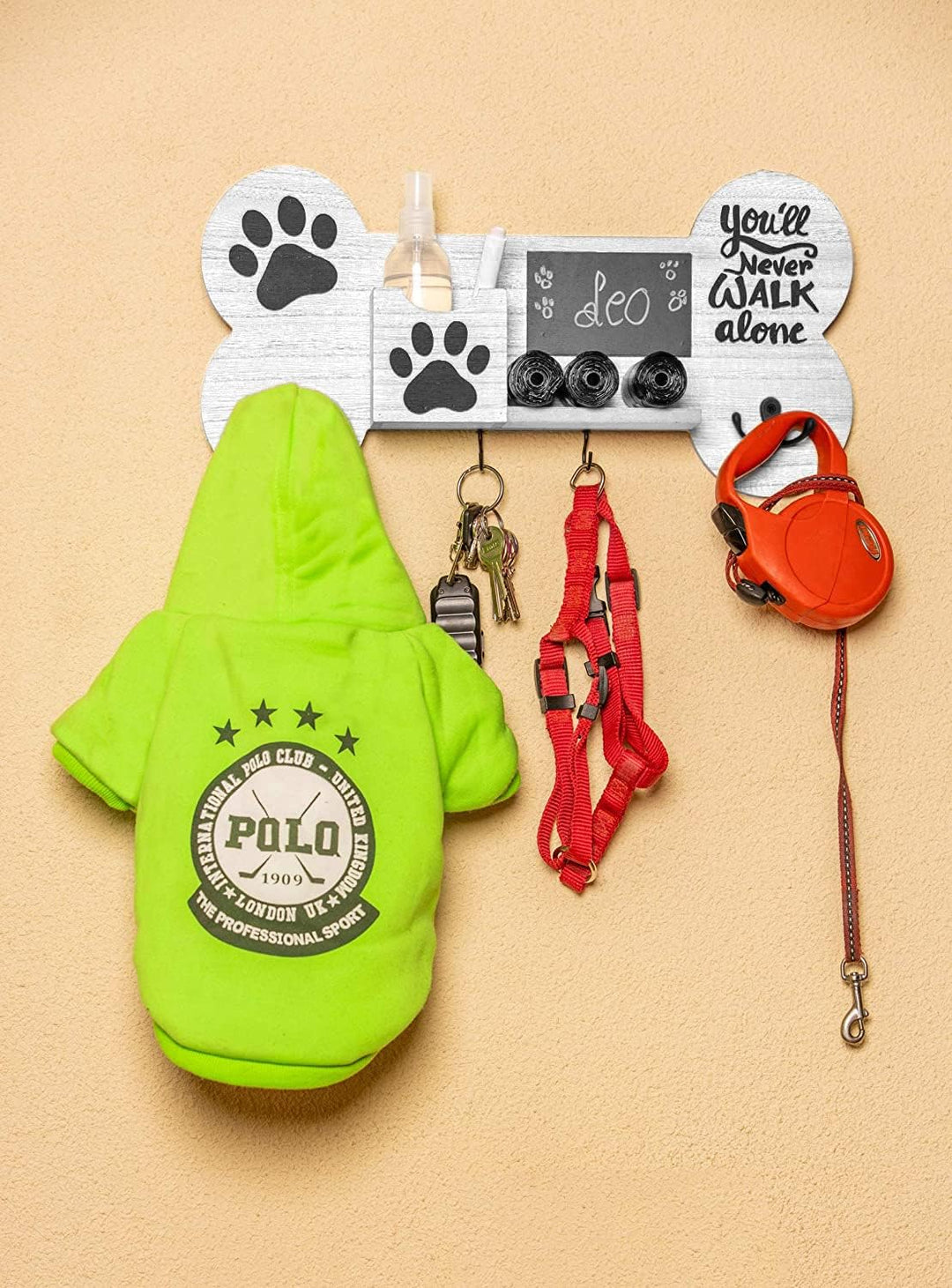 Garderobenleiste zum Ordnen von Leinen und Zubehör für Hunde und Haustiere, aus Holz, personalisierb