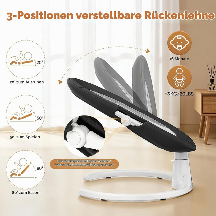 Verstellbare Rückenlehne Babyschaukel, Bluetooth Elektrisch Babywippe Mit Abnehmbares Kissen und Abn
