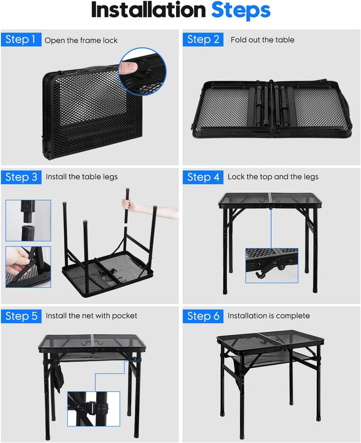 MSDADA Klappbarer Grilltisch, Höhenverstellbarer Aluminiumtisch mit Netz-Desktop und Netztasche, Tra