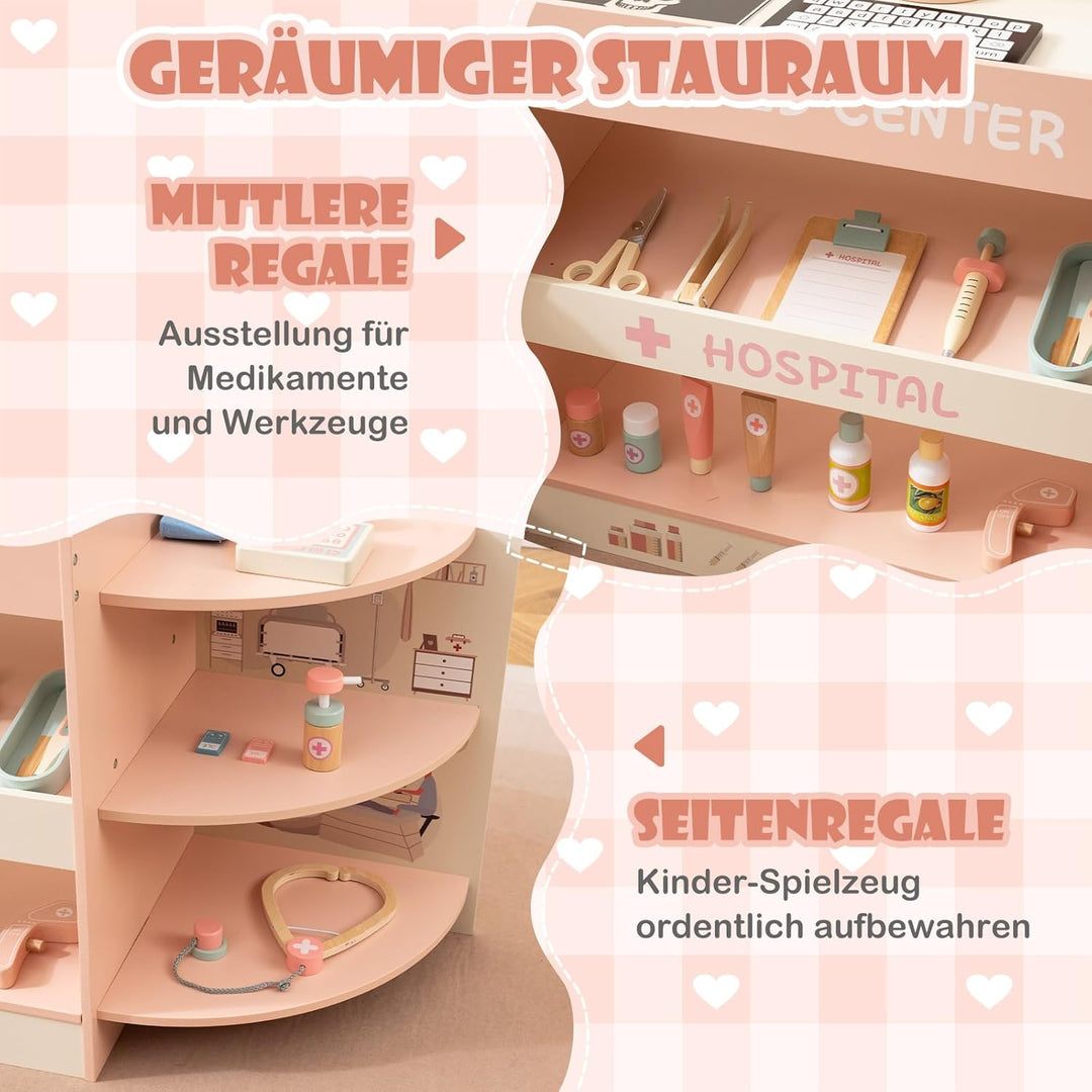 DREAMADE Arztspielset für Kinder, Krankenhaus aus Holz mit Sehtest, CT-Spielgerät & Röntgenapparat,