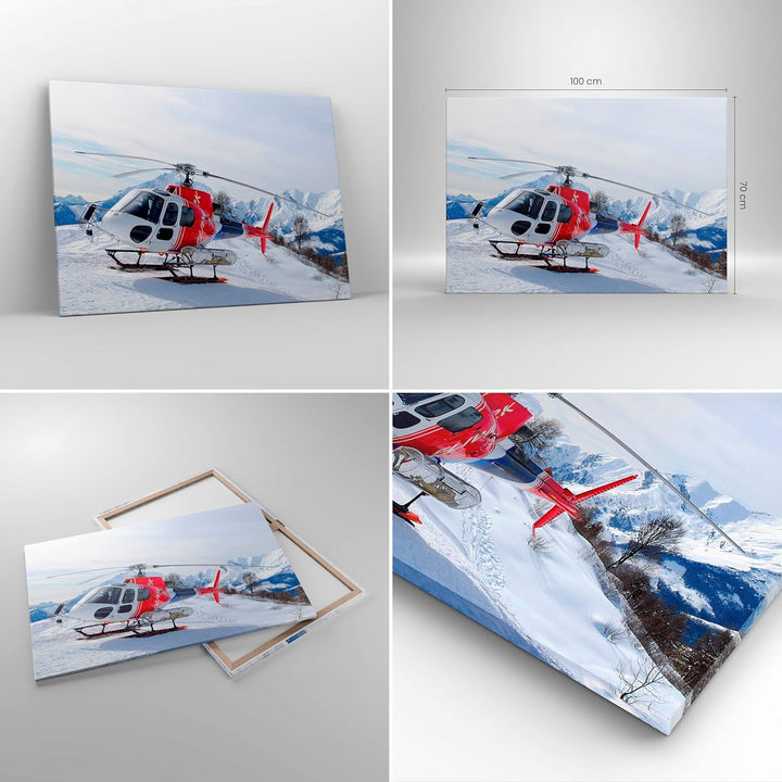 Bilder auf Leinwand 100x70cm Leinwandbild Hubschrauber Berge Gipfel Winter Gross Wanddeko Bild Schla