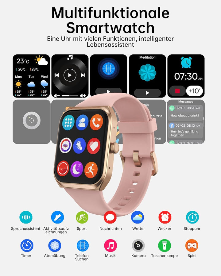 Smartwatch Damen mit Telefonfunktion - 1.91" Smart Watch IP68 Wasserdicht, 24h Herzfrequenz, SpO2, S