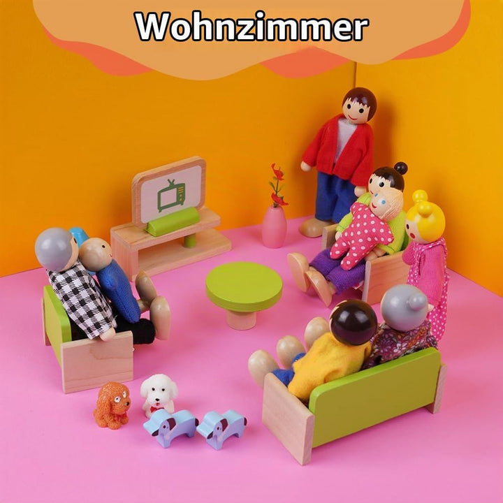 HOTUT Puppenhaus Möbel Set aus Holz, 20 Stück Puppenhaus Möbel mit 8 Puppenfamilien, Mini Puppenhaus