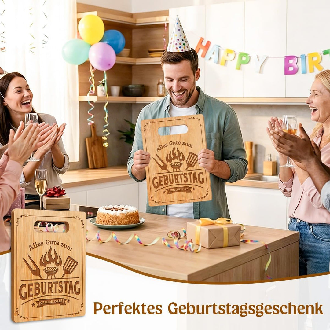 Geburtstagsgeschenk für Männer, Schneidebrett mit Gravur - Alles Gute zum GEBURTSTAG GRILLMEISTER, M