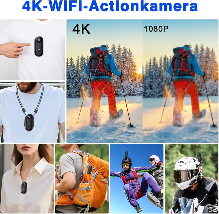 Action Kamera WiFi 4K, wasserdichte Sport-Mini-Actionkamera, Mini-Körperkamera, Kleine Action-Kamera