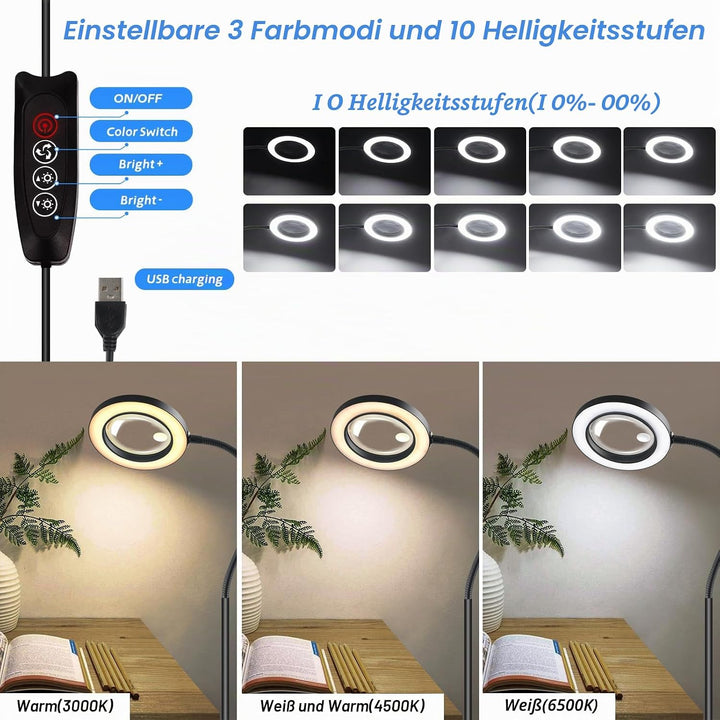NZQXJXZ 5X 10X Lupe mit Licht und Ständer, 2-in-1 Lupenbrille mit 72 Einstellbaren Helligkeits-LEDs,