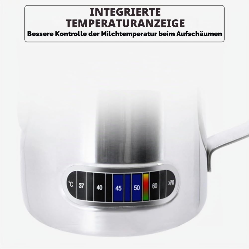 Exqufood Milchaufschäumer Temperaturanzeige Milchaufschäumer und Tasse für Latte Art 350ml
