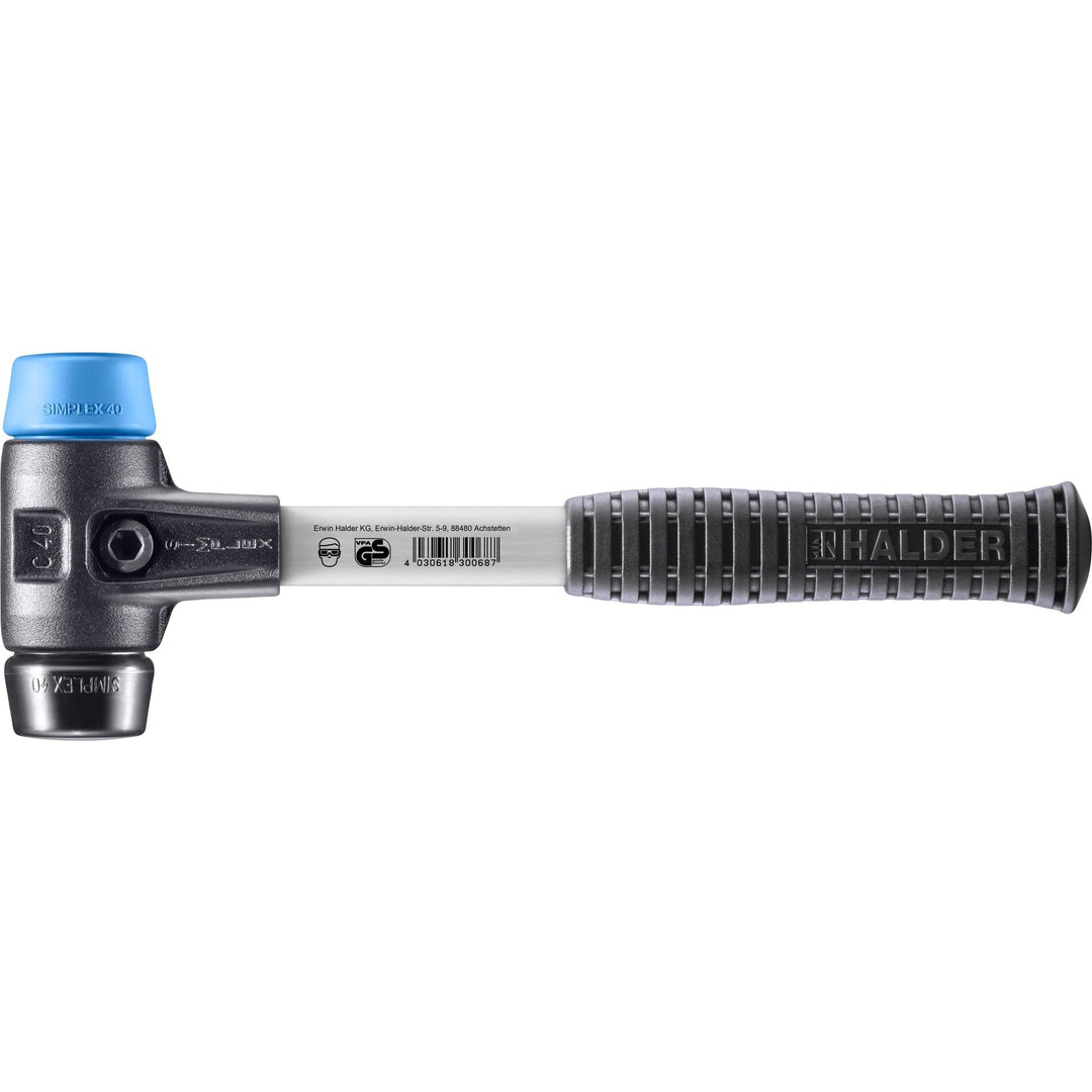 SIMPLEX-Schonhammer, TPE-soft/Gummikomposition; mit verstärktem Tempergussgehäuse und Fiberglasstiel
