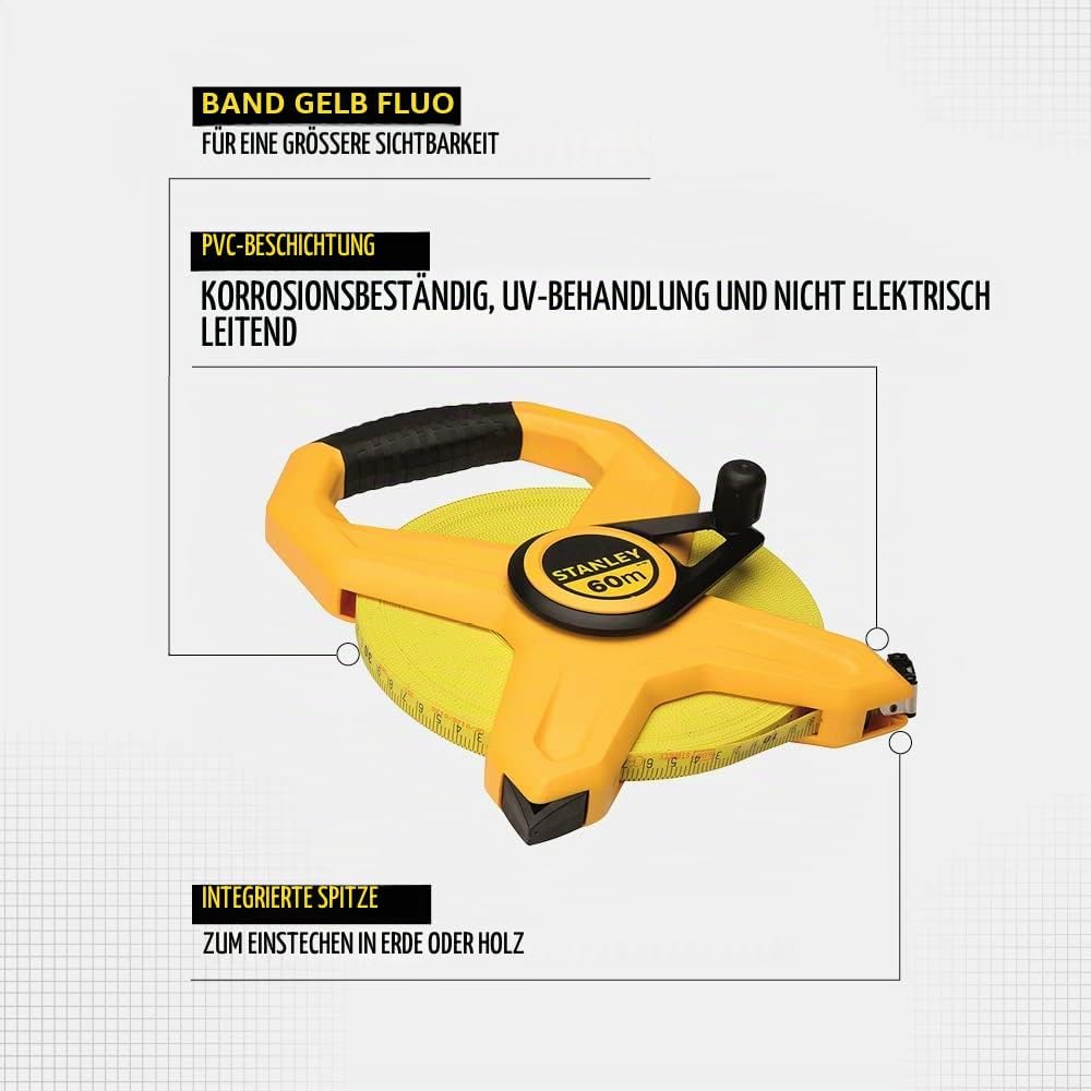 Stanley Rahmenbandmass Standard Fiberglas (60 m Länge, 12.7 mm Breite, UV-resistent, Genauigkeitskla