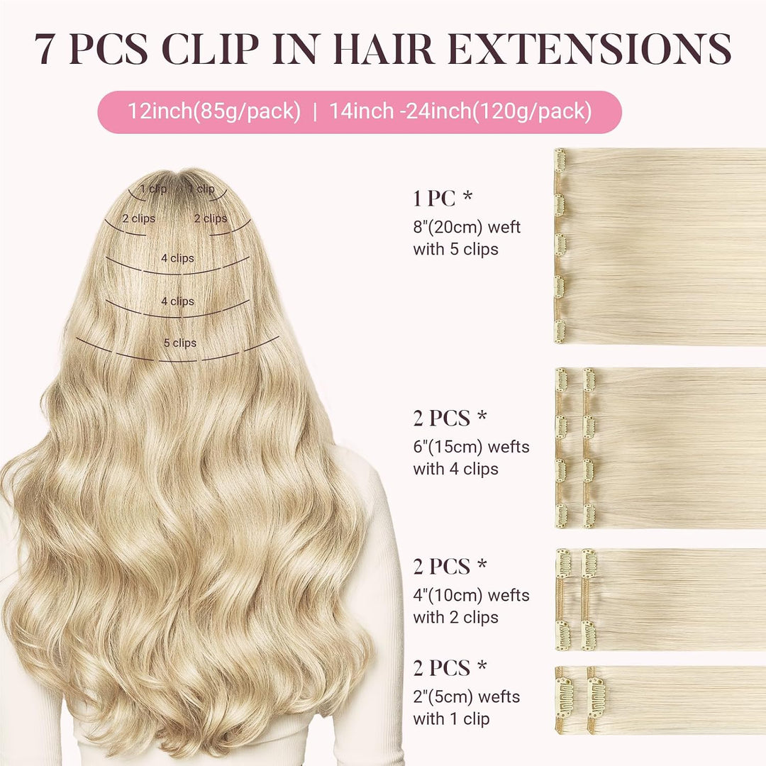 MAXITA Echthaar Extensions Clip, 40cm 16 Zoll 120g 7 Stück Platinblond Clip in Extensions Echthaar N
