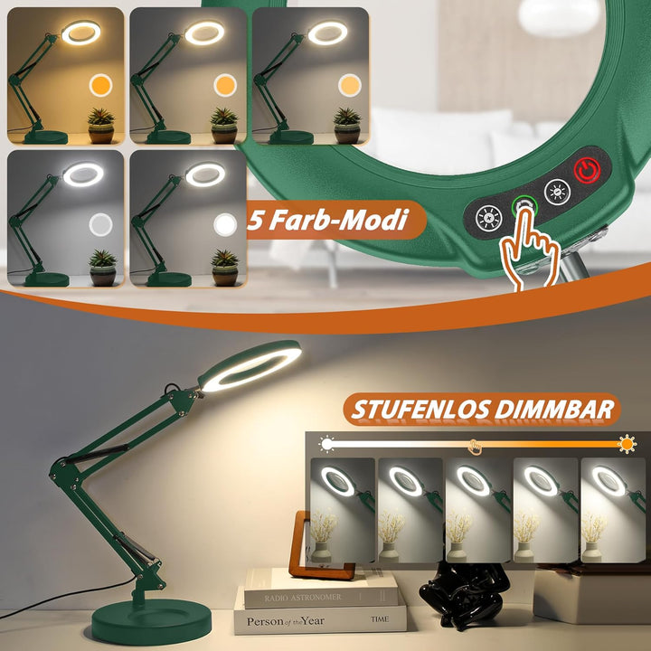 Veemagni 10X Lupe mit Licht, 5 Farbmodi Stufenlos Dimmbar 2-in-1 Schreibtischlampe und Klemme, LED B
