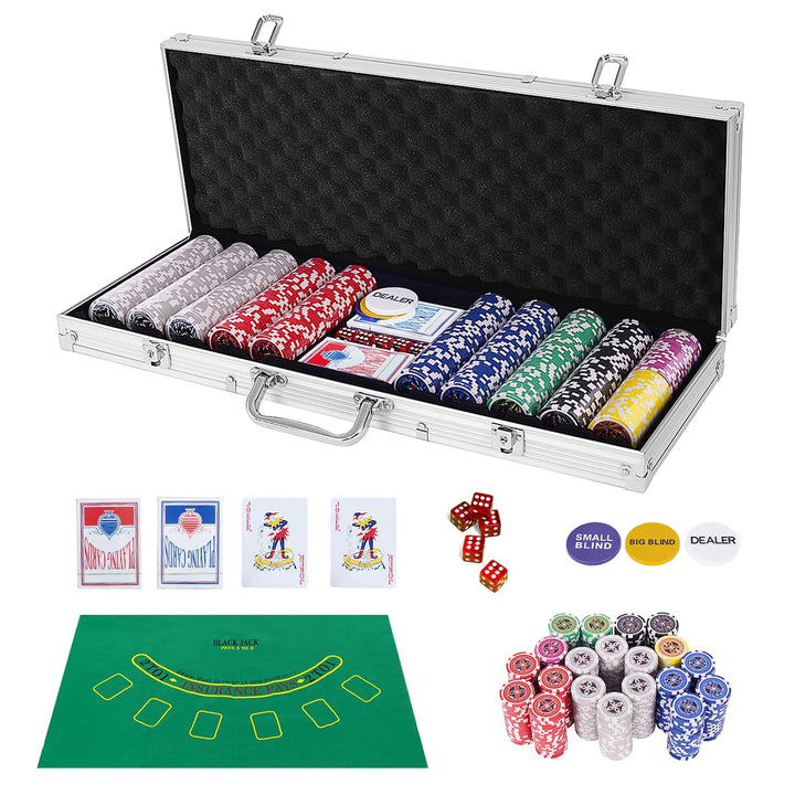 HOMASIS Pokerset mit 500 Chips, Alu Pokerkoffer mit 2 Kartendecks, 5 Würfeln, 3 Dealer Button & Matt