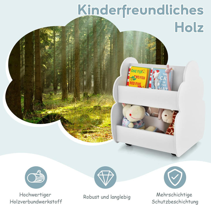 COSTWAY Kinder Bücherregal auf Rollen, 2 Ebenen Spielzeugregal aus Holz, 52 x 47 x 63,5 cm (Weiss),