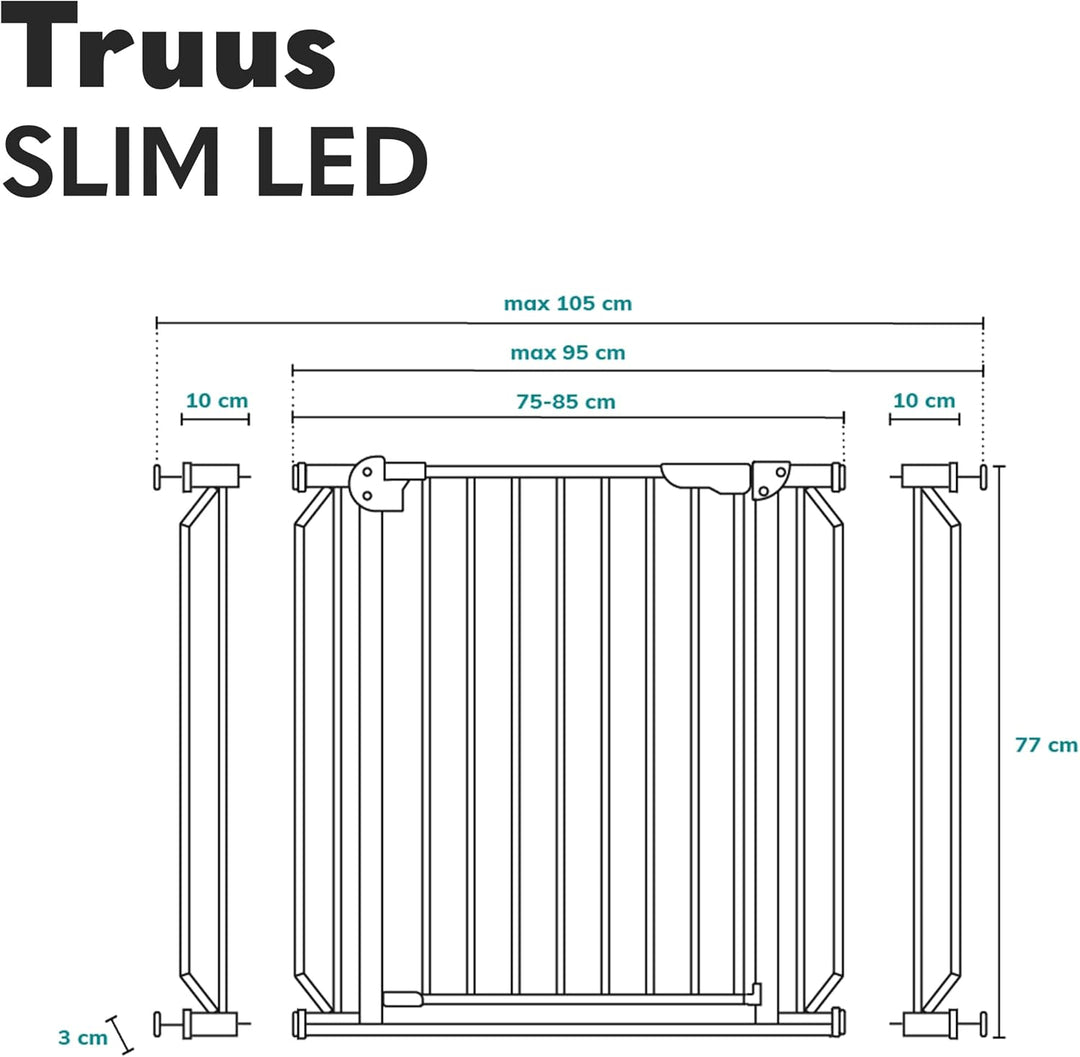 Lionelo Truus Slim LED Sicherheitstor mit Licht, Verstellbare Breite von 75 bis 105 cm mit Druckbesc