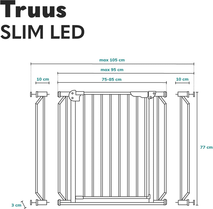 Lionelo Truus Slim LED Sicherheitstor mit Licht, Verstellbare Breite von 75 bis 105 cm mit Druckbesc